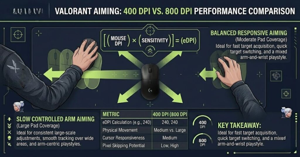 Educational comparison showing a Valorant player using 400 DPI arm aiming and 800 DPI balanced aiming, illustrating differences in mouse movement distance and aiming style.