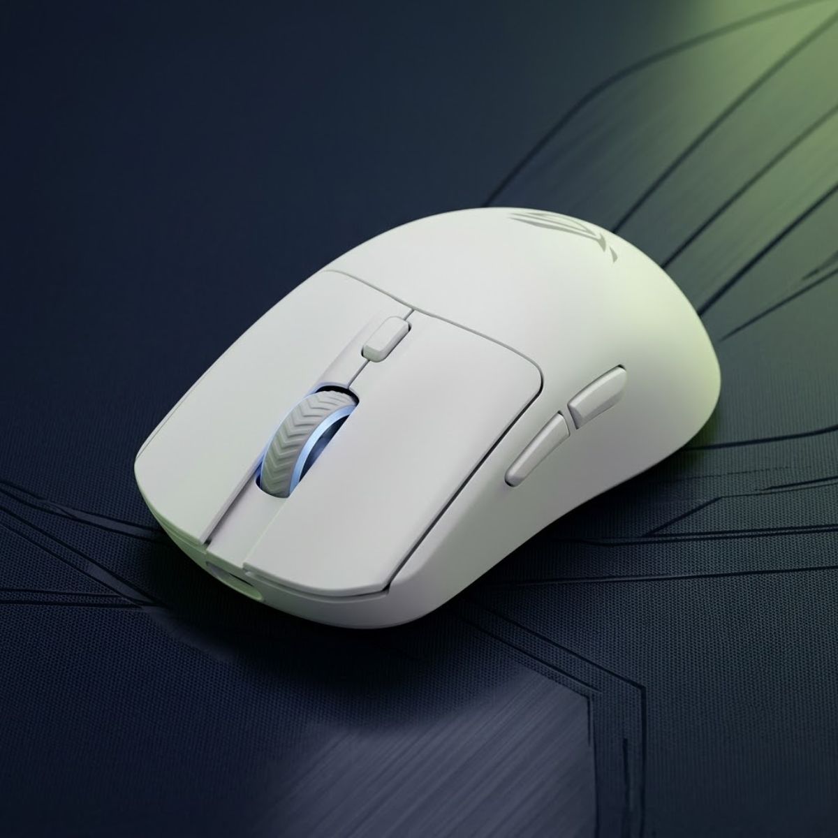 White ASUS ROG Harpe II Ace wireless gaming mouse shown as an ultra-lightweight option for FPS tracking aim.