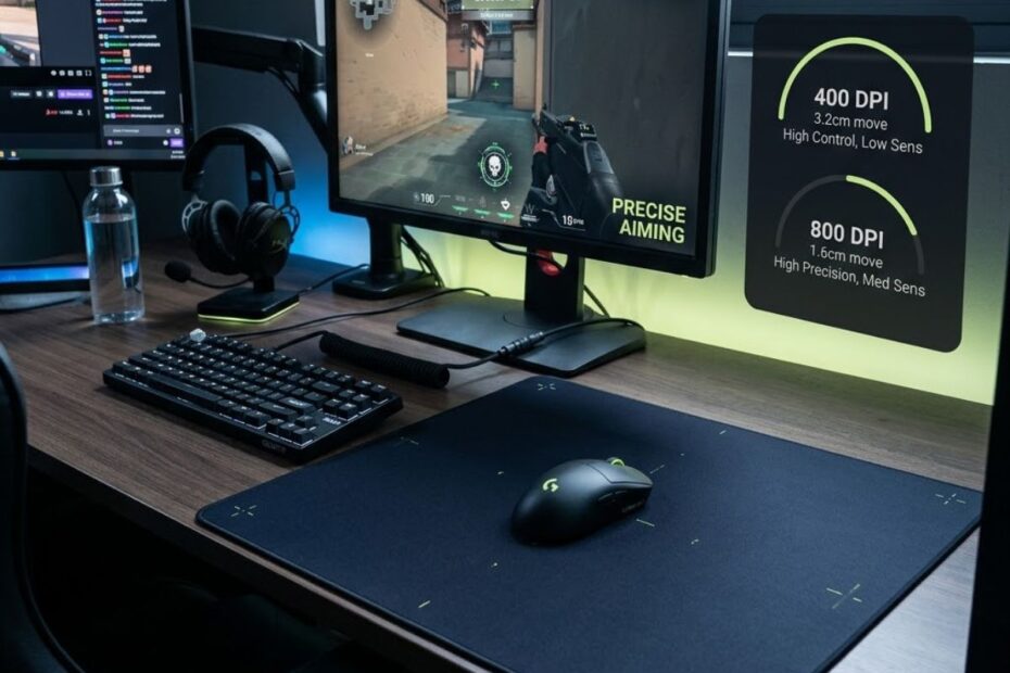 A tactical FPS gaming mouse setup showing the best DPI settings for Valorant with precise aim control and competitive gaming visuals.
