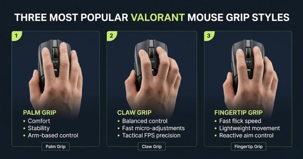 grip style comparison showing Palm Grip, Claw Grip, and Fingertip Grip for better aiming control and FPS precision.