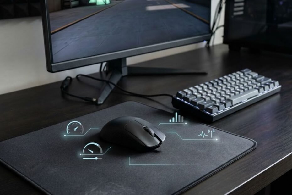 Gaming mouse on a large mousepad beside a monitor showing a tactical FPS training scene