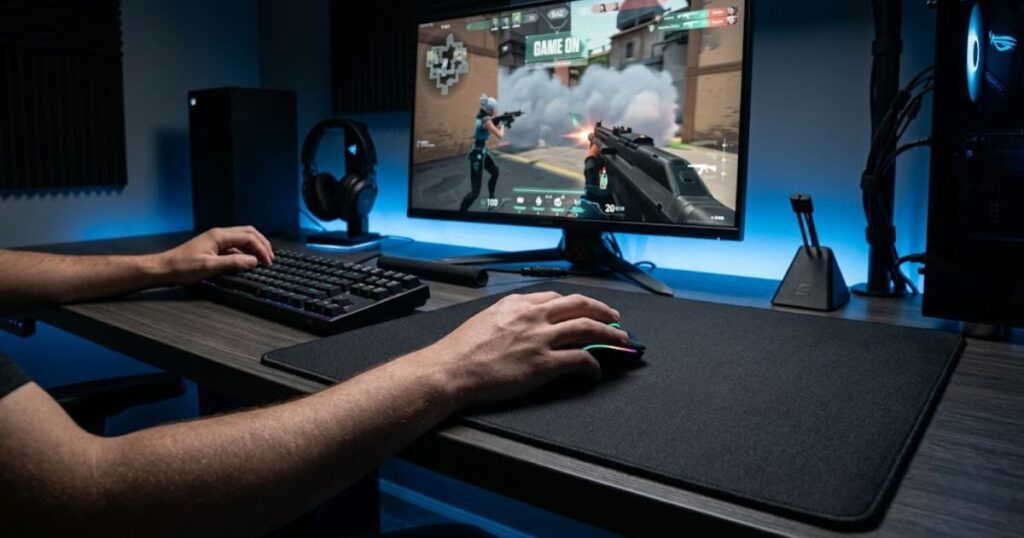 Gaming desk setup with a mouse, large mousepad, and monitor configured for consistent Valorant aiming and sensitivity control