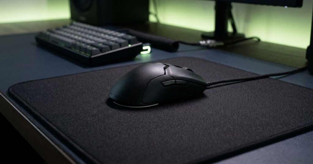 Balanced gaming mouse and cloth mousepad setup for Valorant aiming