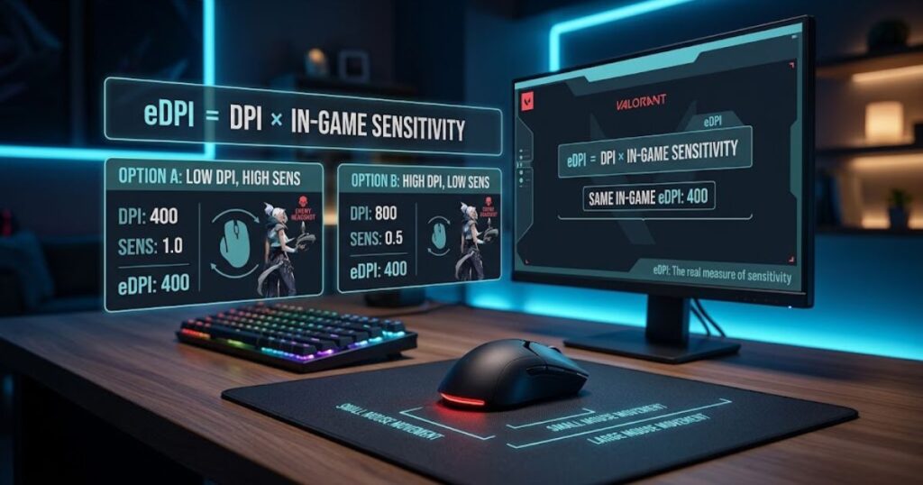 Gaming mouse and monitor displaying Valorant eDPI calculations that compare different DPI and sensitivity settings