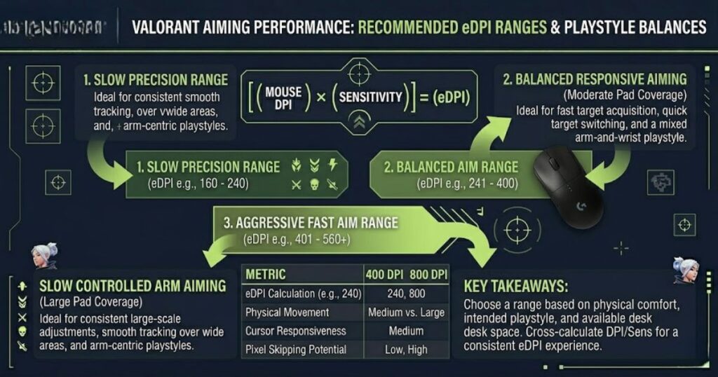 Infographic comparing recommended DPI, sensitivity, and eDPI ranges in Valorant for precision aiming, balanced control, and faster playstyles.