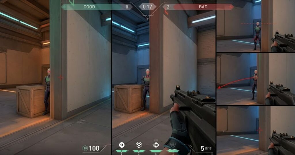 Valorant example showing common crosshair placement mistakes such as aiming too low, holding angles incorrectly, and keeping the crosshair away from likely enemy positions