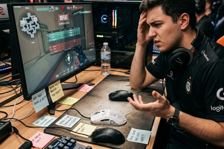 An FPS player sitting at a gaming desk surrounded by multiple gaming mice and setup choices while trying to solve aiming consistency problems.