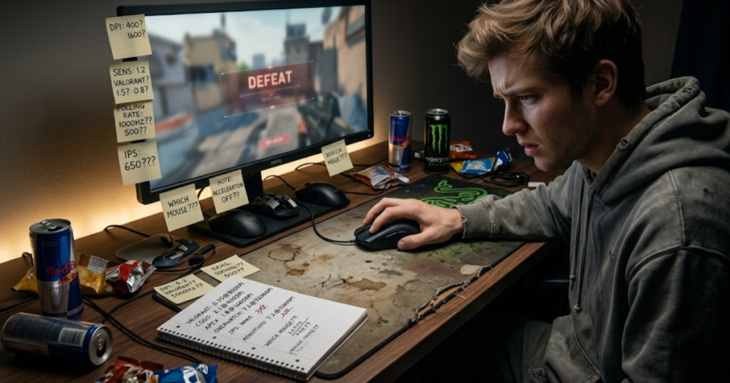 An FPS gaming setup displaying multiple common gaming mouse mistakes including poor fit, excessive setting changes, and incompatible equipment choices.