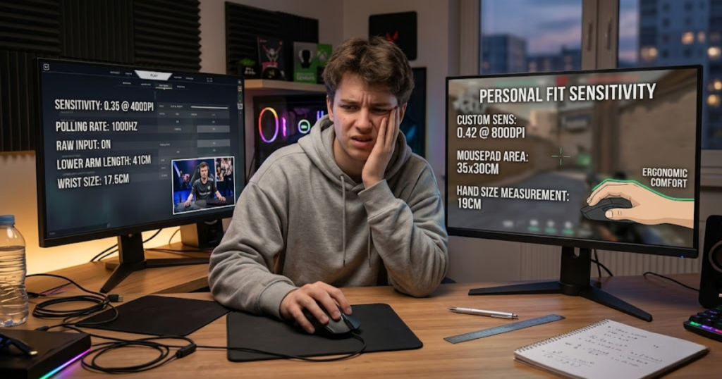 An FPS player attempting to use professional gaming mouse settings while comparing them with a more personalized setup.