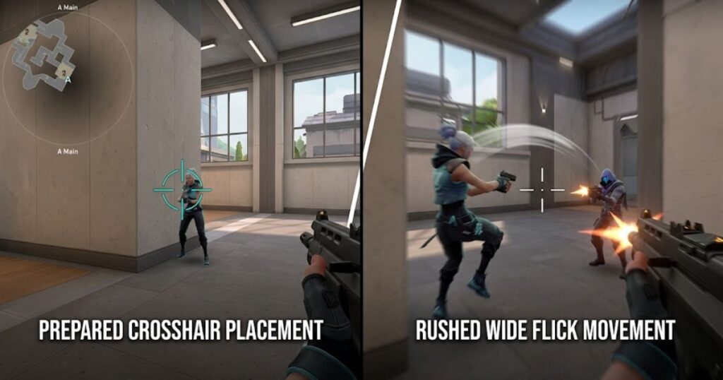 Side-by-side Valorant combat example showing prepared crosshair placement versus a wide reactive flick shot during an enemy encounter