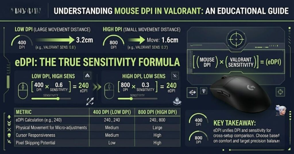 A visual comparison of DPI, sensitivity, and eDPI settings for accurate Valorant aiming and mouse control.