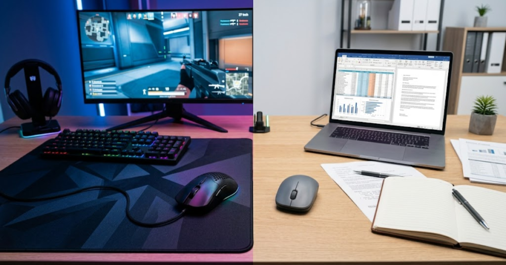 A side-by-side comparison showing a gaming mouse in an FPS gaming environment and an office mouse in a productivity workspace.