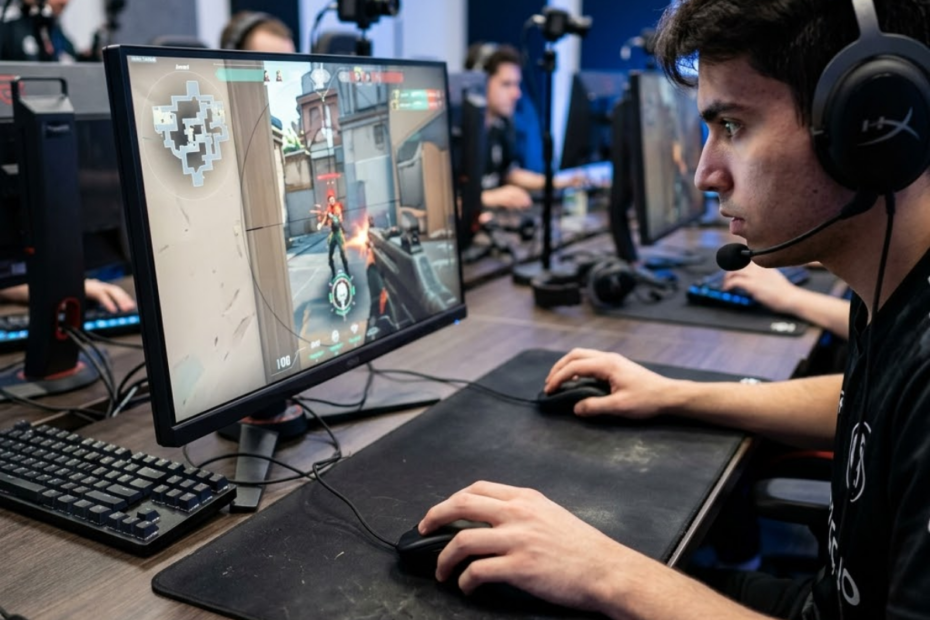 An FPS player using a gaming mouse while aiming at an opponent in a competitive shooter, illustrating the relationship between mouse control and aiming performance.