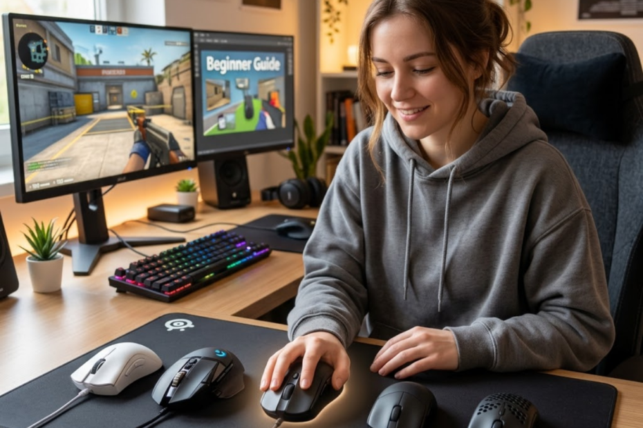 A beginner FPS player comparing several gaming mice on a desk while choosing a comfortable mouse for learning aim and movement control.