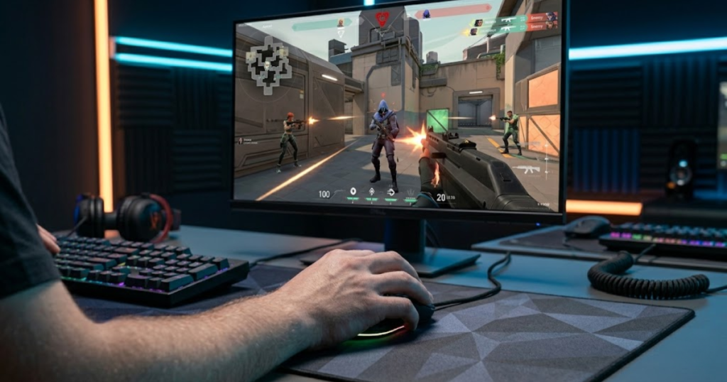 An FPS player making a precise crosshair adjustment during a competitive tactical shooter match where mouse control is critical.