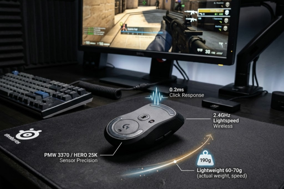 A modern FPS gaming mouse placed on a large mousepad beside a competitive gaming setup, highlighting the key features that affect aiming performance.