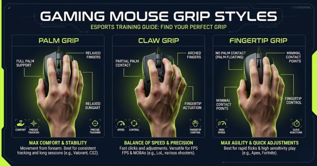 Gaming mouse grip style infographic comparing Palm Grip, Claw Grip, and Fingertip Grip for FPS gaming comfort and aiming control.