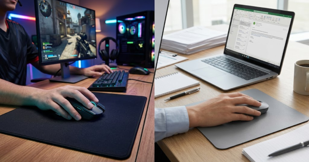 A gaming mouse and a regular office mouse displayed in different desktop setups to compare their intended uses and performance goals.