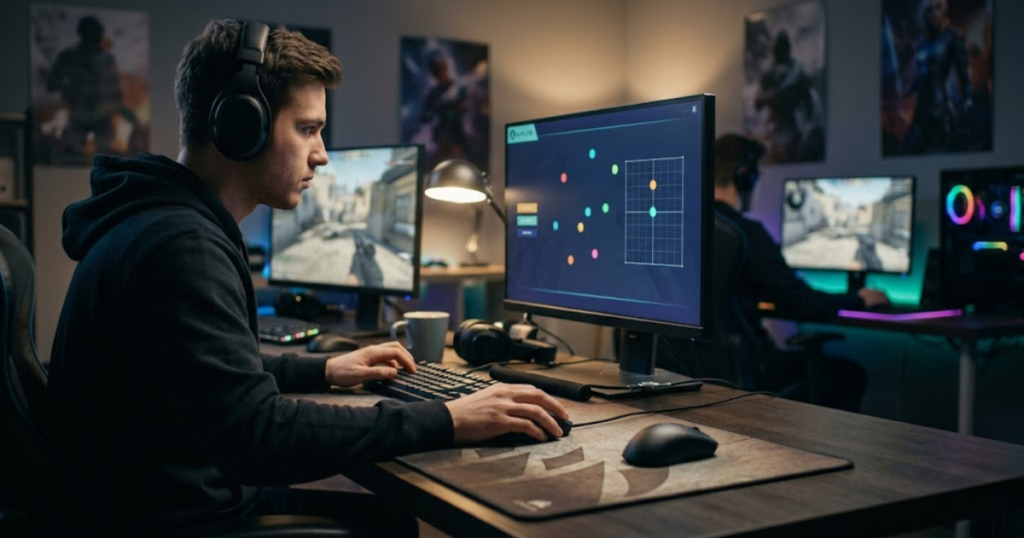 An FPS player practicing aim training with a gaming mouse, illustrating that skill improvement comes from practice rather than hardware alone.