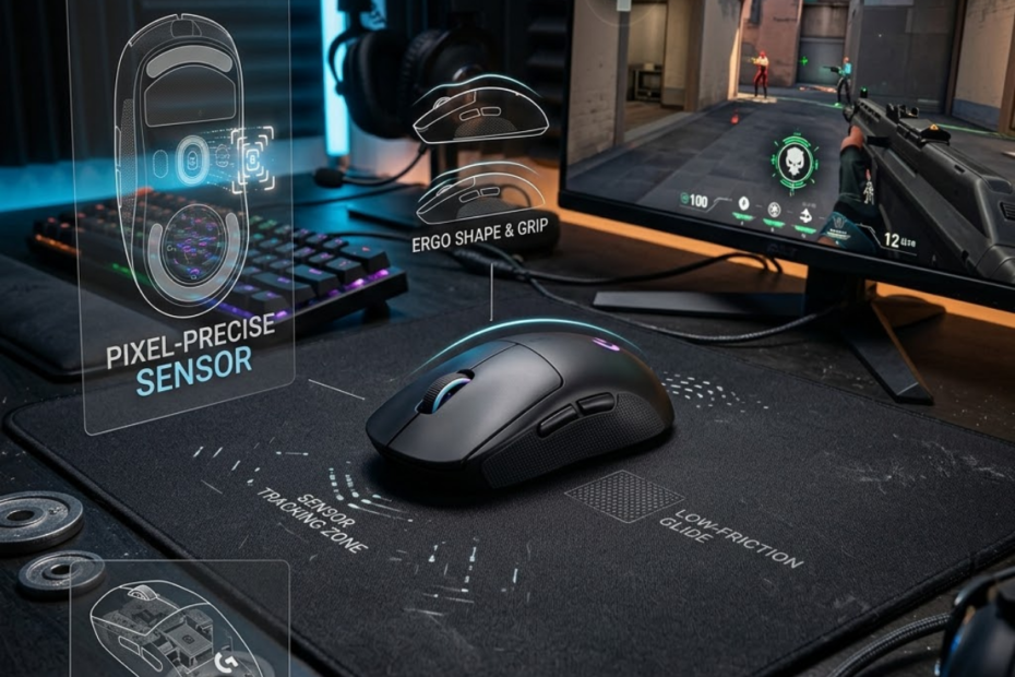 A modern gaming mouse on a large mousepad in a competitive FPS gaming setup, representing the key factors that influence aiming performance and control.