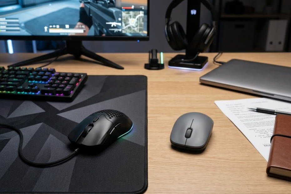 A gaming mouse and an office mouse placed side by side on a desk, highlighting the differences between gaming performance and everyday productivity use.
