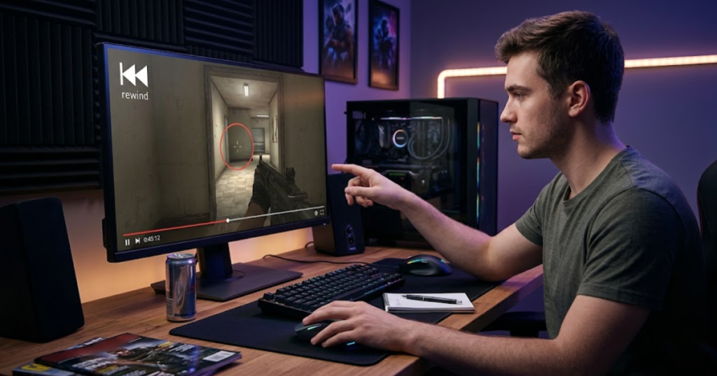 An FPS player reviewing gameplay mistakes on a monitor while using a premium gaming mouse, illustrating the difference between equipment and skill.