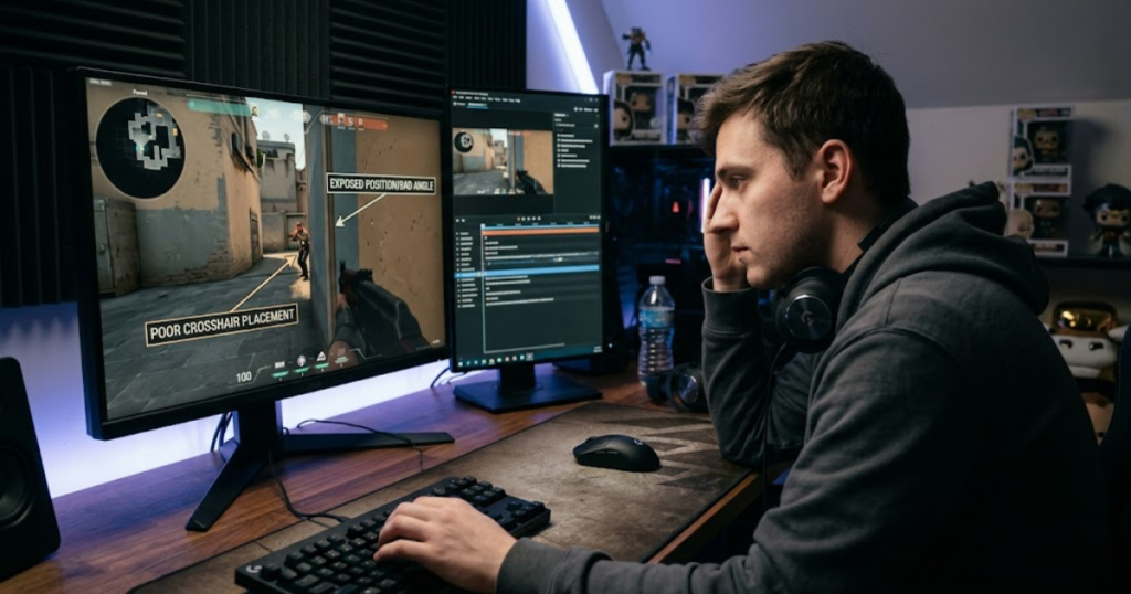 An FPS player reviewing gameplay mistakes and aim errors while using a gaming mouse, illustrating that hardware cannot replace good fundamentals.