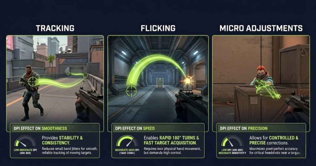FPS gaming infographic showing how DPI sensitivity affects tracking, flick shots, and aiming precision during gameplay.