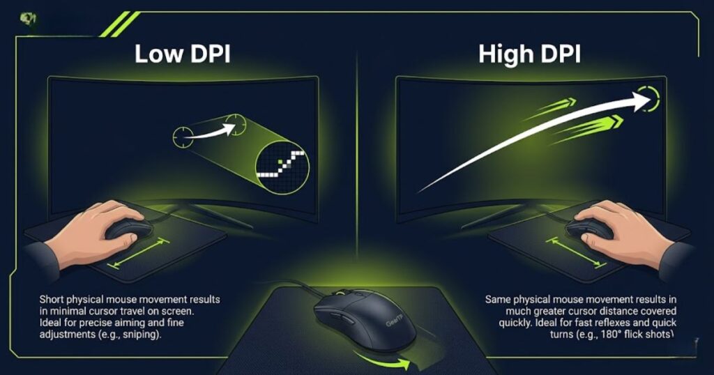 Gaming mouse DPI infographic comparing low and high sensitivity movement for FPS aiming and cursor responsiveness.