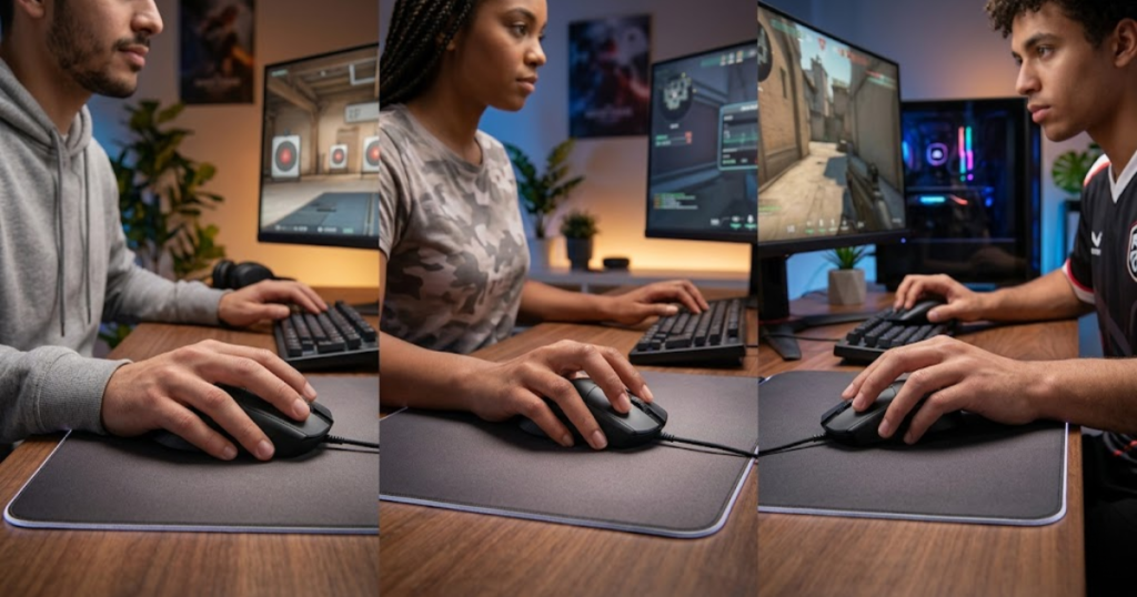 Three FPS players using palm grip, claw grip, and fingertip grip with gaming mice designed for their hand positions.