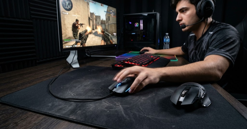 An FPS player making fast aiming movements with a lightweight gaming mouse while comparing it to a heavier mouse.
