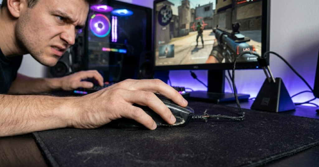An FPS player aiming during a competitive match while struggling with inconsistent mouse movement and tracking that affects aiming precision and gameplay confidence.