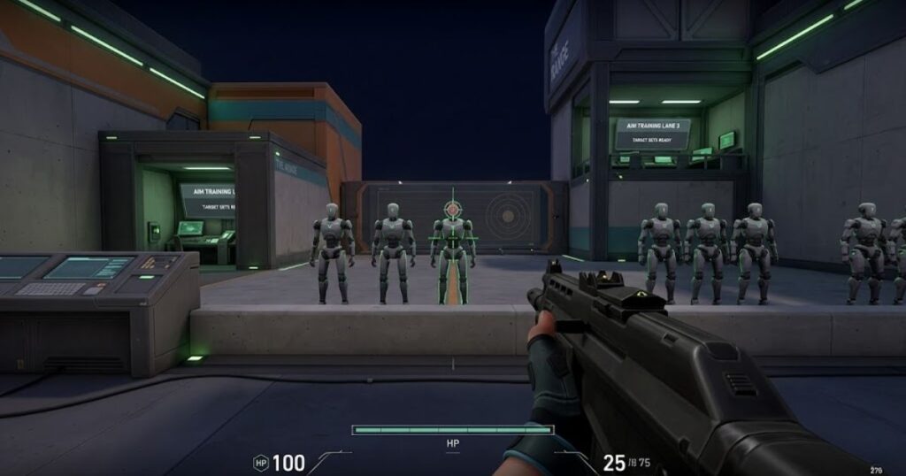 Valorant sensitivity training inside The Range demonstrating flick practice, bot tracking, and tactical aim drills for better mouse control.