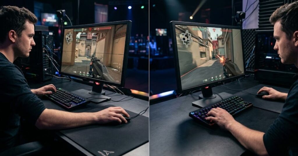 Side by side comparison of low sensitivity and high sensitivity aiming styles in Valorant