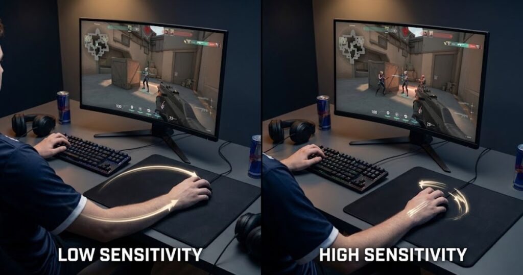 Two Valorant gameplay setups demonstrating the difference between low sensitivity and high sensitivity mouse movement control