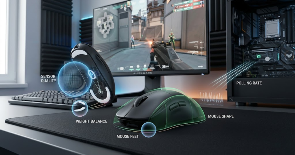 A gaming mouse displayed with focus on sensor quality, shape, weight, polling rate, and glide performance.