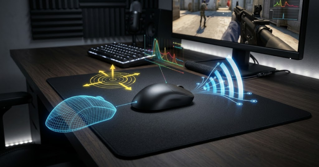 A gaming mouse displayed with emphasis on shape, weight, sensor reliability, click response, and wireless performance in an FPS gaming environment.