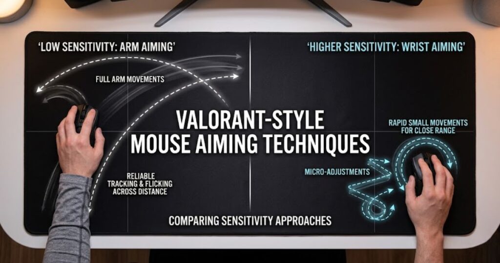 Top-down view of two hands using gaming mice on a large mousepad to compare low sensitivity arm aiming and higher sensitivity wrist aiming for Valorant