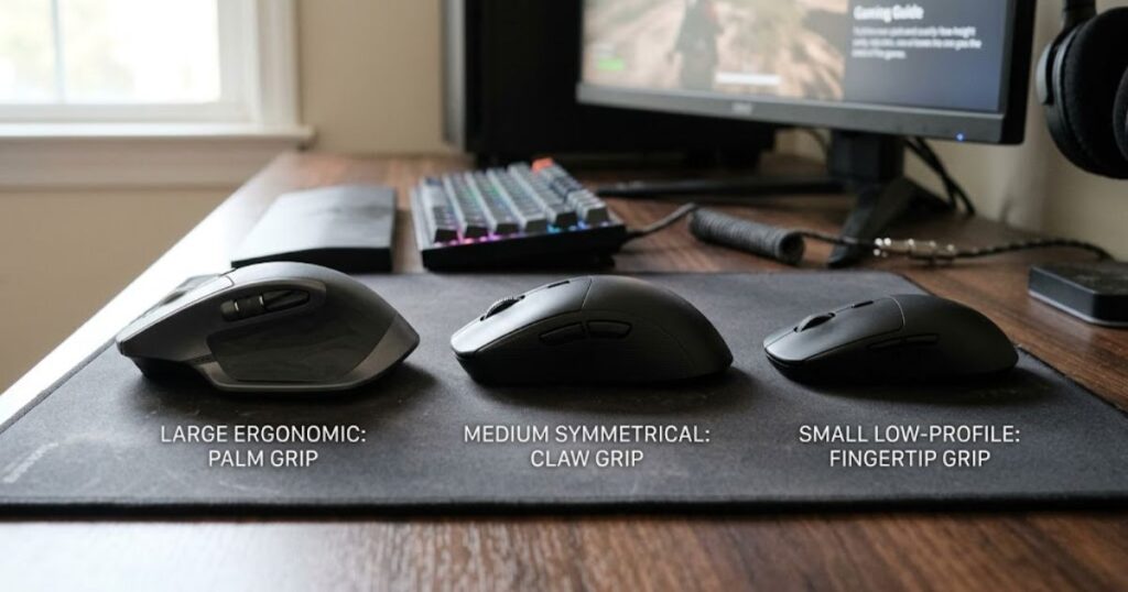Three gaming mice with different shapes displayed on a desk to demonstrate palm grip, claw grip, and fingertip grip compatibility