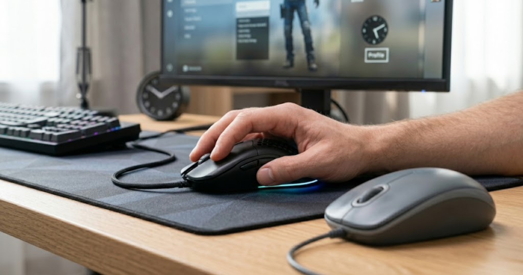 A player holding a lightweight gaming mouse while comparing it with a larger office mouse to evaluate comfort and grip fit.