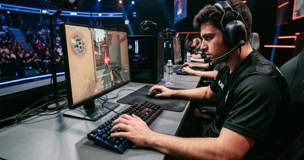 Esports player focusing on precise movement and aiming while competing in a tactical FPS match on stage