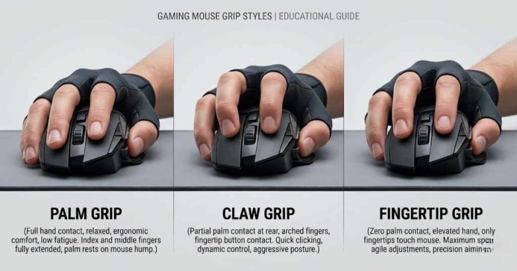 Comparison of three gaming mouse grip styles showing a hand holding a mouse using palm grip, claw grip, and fingertip grip positions for Valorant aiming control