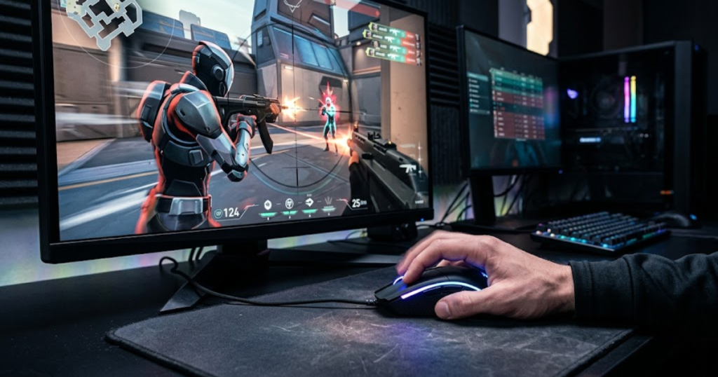 A gaming mouse connected to a high-refresh-rate FPS setup demonstrating smooth and responsive movement.