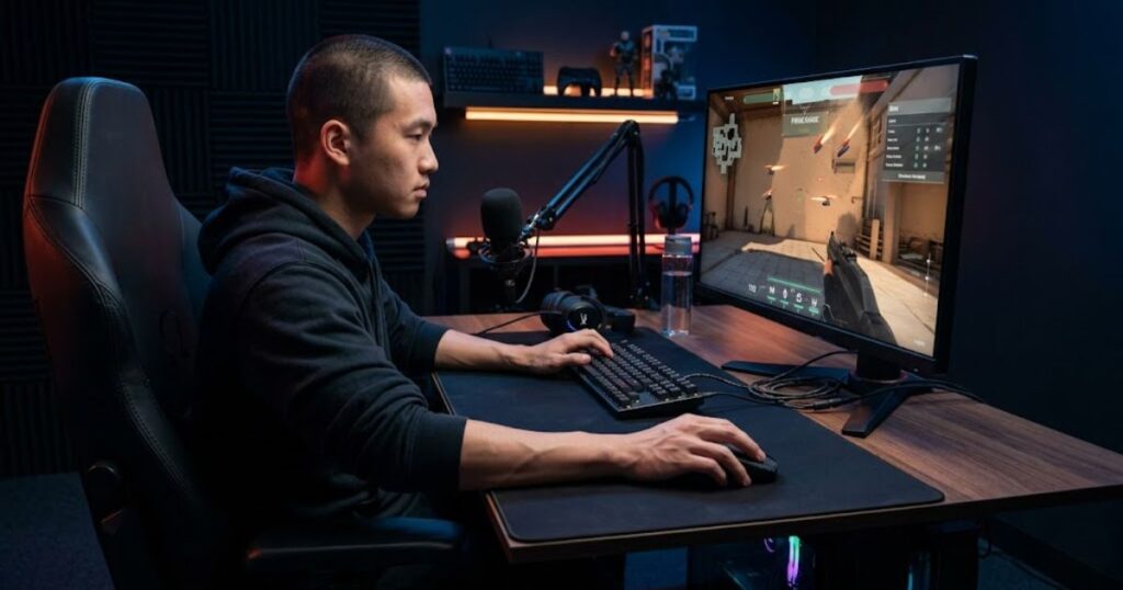 Valorant player practicing low sensitivity aiming with a large mousepad and arm aiming setup