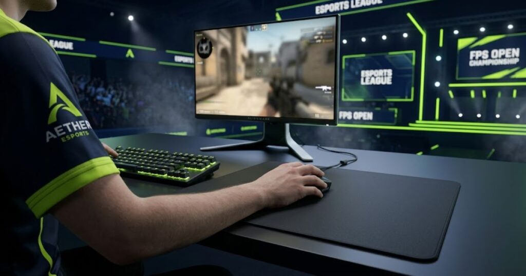 Professional FPS gaming setup with an XL mousepad optimized for low DPI aiming and competitive esports gameplay.