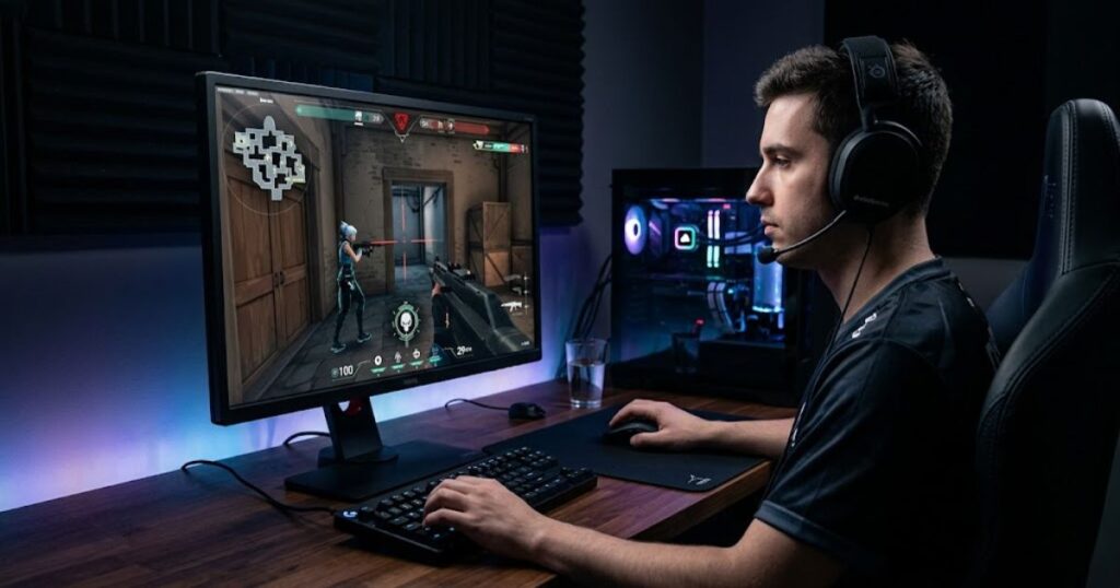 Valorant player using a low sensitivity setup with a large mousepad and controlled aiming posture