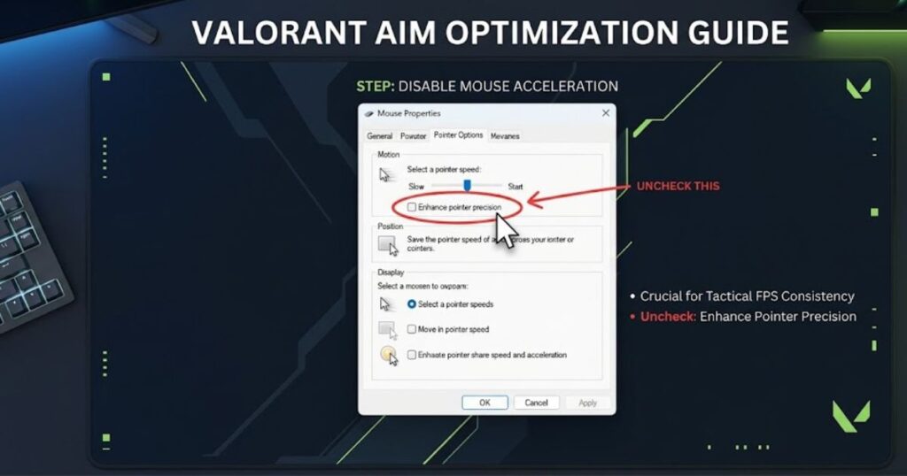 Windows mouse settings guide showing how to disable Enhance Pointer Precision for better Raw Input accuracy and smoother Valorant aim control.