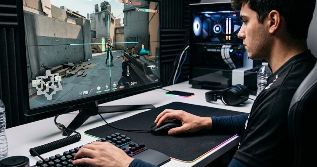 Player using a gaming mouse while playing Valorant on a desktop monitor to demonstrate mouse grip control and aiming mechanics