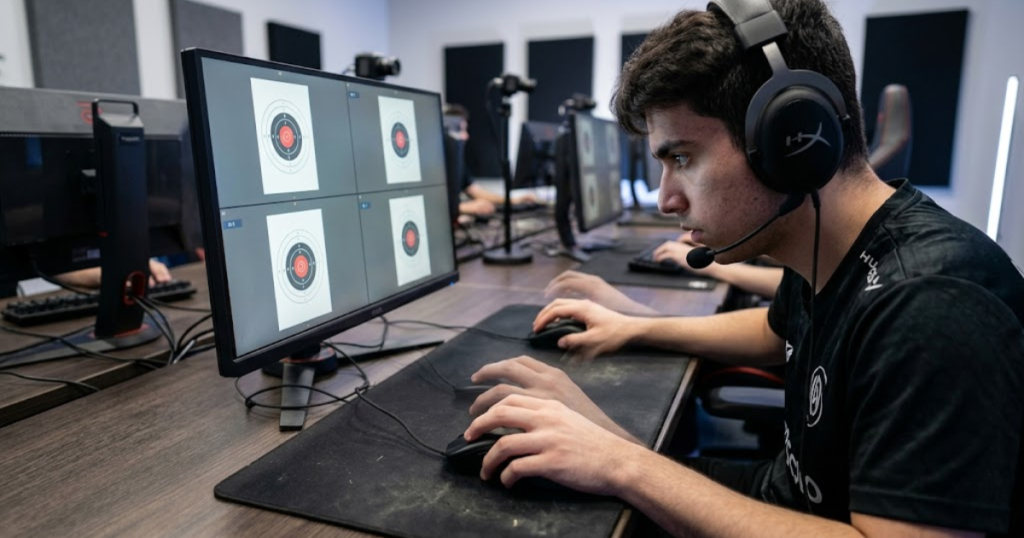 An FPS player practicing repeated aiming movements on a gaming mouse to develop more consistent control and muscle memory.
