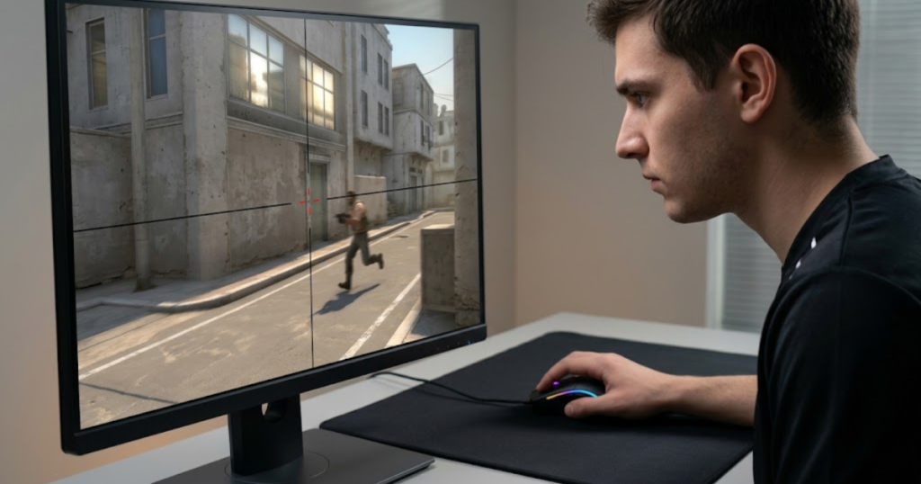 An FPS player tracking a moving target with controlled mouse movement to demonstrate the importance of accurate sensor performance.